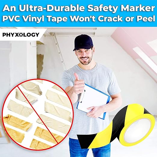 Double-Roll of Ultra-Adhesive Black & Yellow Hazard Tape for Floor Marking 2 Pk. Mark Floors & Watch Your Step Areas for Safety with High-Visibility Anti-Scuff Striped Vinyl by Phyxology Supply.