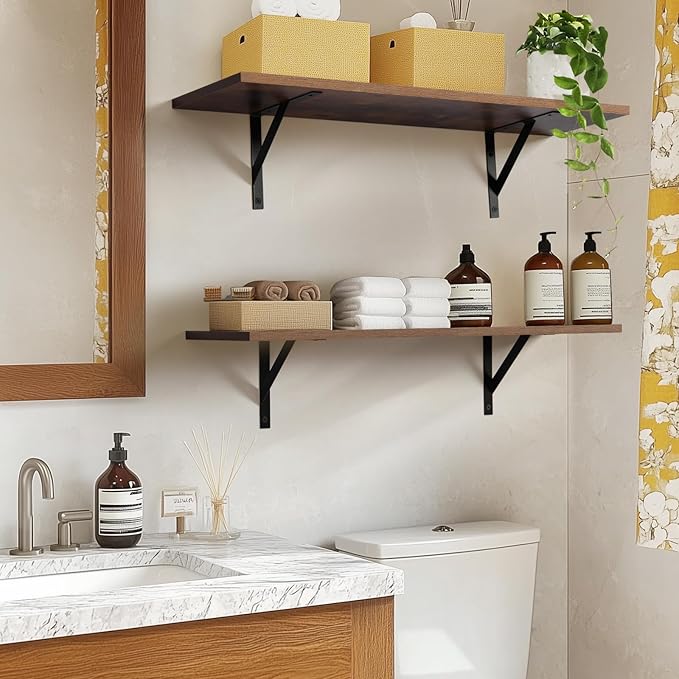 Heavy Duty Long Wall Shelves Set of 2, Floating Shelves Wall Mounted with Industrial Brackets, 40lbs Capacity Shelves for Laundry Room, Kitchen, Bathroom, Living Room (31.5"*8",Rustic Brown)