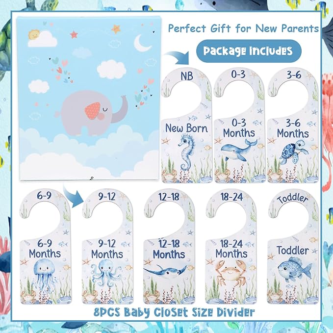 Baby Closet Dividers 8PCS, Under The Sea/Ocean Animal Theme Wooden Double-Sided Clothes Size Hanger Organizer from Newborn to Toddler for Nursery Decor Baby Shower Birthday Gift