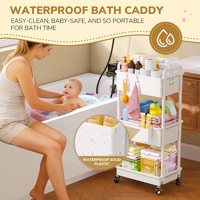 Goovilla Diaper Cart with Lockable Wheels and Easy Assembly, 3 Tier White Rolling Cart for Baby Nursery Storage, Sturdy Ample Diaper Caddy Organizer for Baby Girl, Boy, New Mom, Newborn Essentials