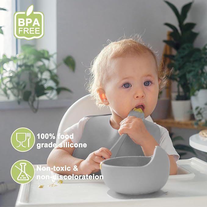 Munlinder Silicone Baby Feeding Set | Baby Led Weaning Supplies Includes Suction Bowls and Divided Plates, Adjustable Bib, Baby Utensils Spoons and Forks,Cup | Baby Feeding Essentials (Grey)