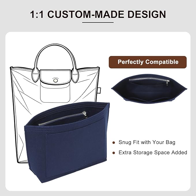Premium Felt Purse Organizer Insert for Longchamp Le Pliage M Top Handle Tote Bag, Lighweight Long Champ Medium Tote Divider with Zipper Pocket,Bags Storage Shaper with 7 Pockets, Blue/SM