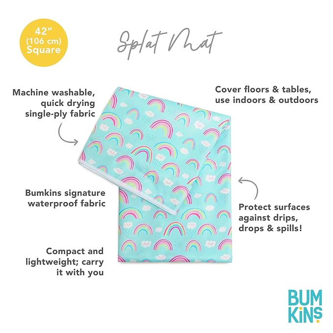 Bumkins Baby Splat Mat - Under High Chair Mess Mat for Kids, Waterproof Reusable Fabric, Arts & Crafts, Playtime, 42inx42in, Rainbow Blue