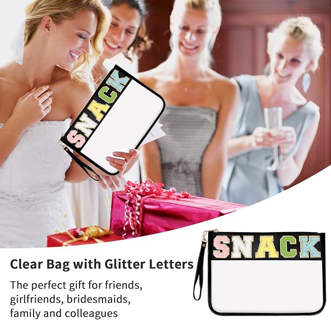 Iqimott Chenille Letter Clear Bag Snack Pouch, Monogram PVC & PU Makeup Cosmetic Bag Zipper Toiletry Pouch, Waterproof Portable Purse Travel Beach Snack Wristlet Bags for Women Girls(Snack, Black)