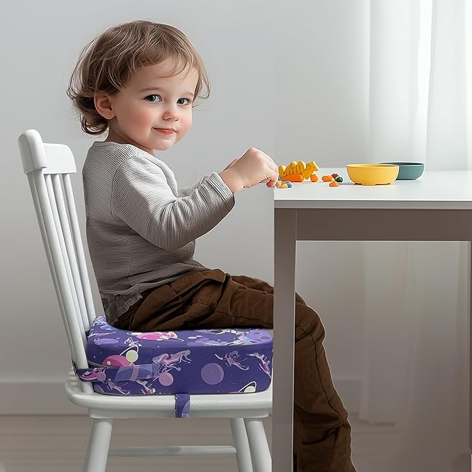 Toddler Booster Seat for Dining Table, Waterproof Kids Booster Seat for Kitchen Chair, High Density Foam Cushion with Non-Slip Bottom, Washable Cover & Adjustable Straps (Purple Starry Sky)