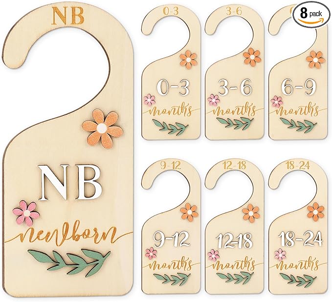 Whaline 7Pcs 3D Daisy Wood Baby Closet Size Dividers with Pink Velvet Bag Newborn to 24 Month Thicken Infant Wardrobe Hanger Organizers for Home Nursery Party Favors
