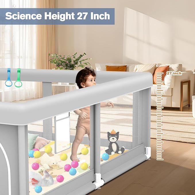 Baby Playpen with Mat, 50 x 50 inch, PlayPen for Babies and Toddlers, Sturdy Safety Play Pen with Soft Breathable Mesh (Ball and Pull Rings Included)