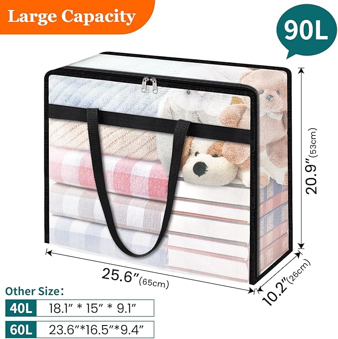 4 Pack Clear Storage Bags for Comforter, Clothes & Bedding, Plastic Blanket Storage with Zipper and Handle, Moving Bags, Closet Organizer and Under-Bed Storage (90L)