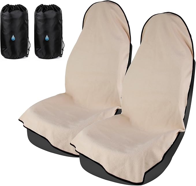 Universal Car Seat Cover Towel, Waterproof Washable Sweat Protection for Front Bucket Seats, Non-Slip Fit, Fits Cars SUVs Trucks, Ideal for Gym, Kids, Pets, Outdoor Sports, Travel (Beige, 2 Pack)
