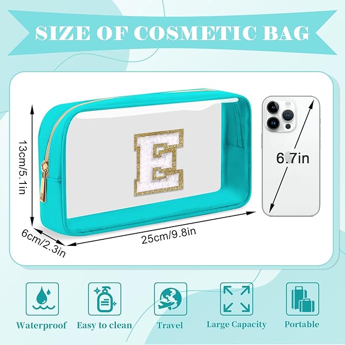 Personalized Initial Letter Clear Makeup Bag,Preppy Small Nylon&PVC Cosmetic Zipper Bag with Chenille Letter,Portable Beach Travel Skincare Toiletry Bag,Trendy Monogram Gift for Teen Girls Women,E