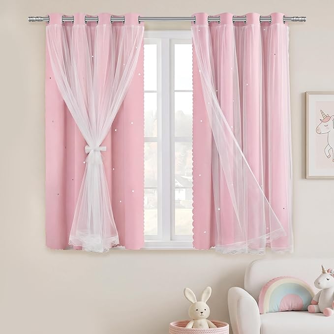 XiDi Light Pink Blackout Curtains for Girls Bedroom Living Room 63 Inches Long 2 Panels Noise Reducing Hollow Star Nursery Kids Curtains Thermal Insulated Room Darkening Grommet Window Drapes 34x63