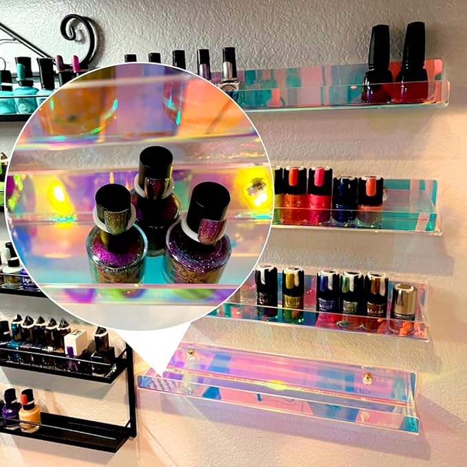RORKIM 4 Pack 15 Inch Iridescent Acrylic Shelves, Clear Rainbow Floating Shelves for Wall, Modern Sunglasses Essential Oil Picture Ledge Display Toy Storage Wall Shelf