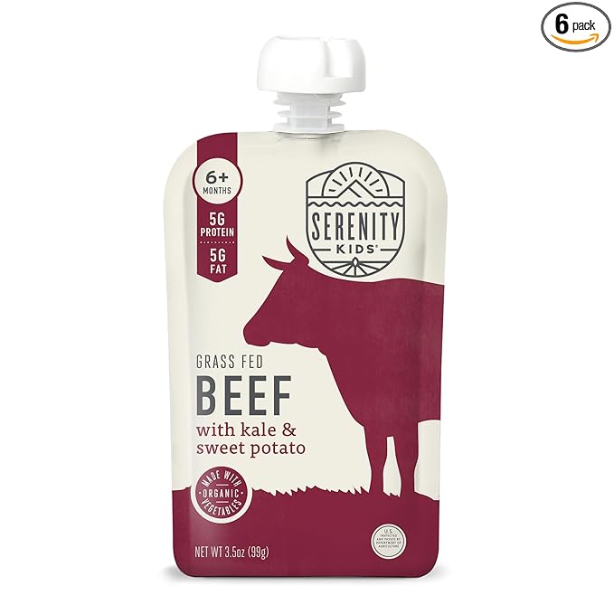 Serenity Kids 6+ Months Baby Food Pouches - Grass-Fed Beef Puree & Organic Sweet Potatoes - Protein Pouches for Toddler Snacks - Recyclable BPA-Free Packaging for Baby Snacks - 3.5 Oz, 6 Pack
