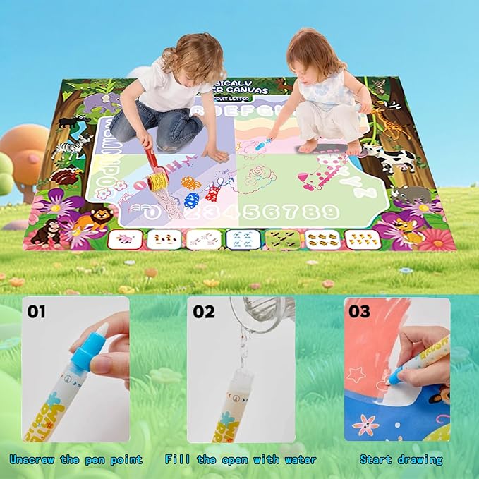 GIFTRRTOY Water Doodle Mat - Magic Water Drawing Mat with Stamps, Roller & Backpack Big Enough Space for 2-3 Kids to Draw Together | No Mess Travel Toy Gift for 3 4 5 6 7 8 Year Old Girls Boys