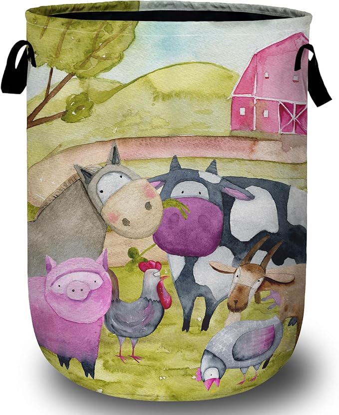 Watercolor Farm Animal Laundry Basket, Laundry Hamper Collapsible Oxford Cloth with Handle Clothes Toy Storage Bin for Bathroom Laundry Room Bedroom 15.7 X 20 Inch