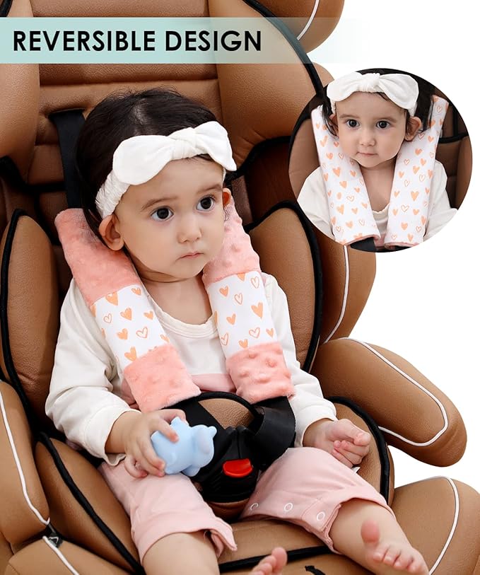 4 Pack Car Seat Belt Straps Cover for Baby Kids,Pink Baby Carrier Straps Covers Stroller Strap Pads Baby Car Seat Belt Neck Covers for Baby(9.8'’X2.2''inch)