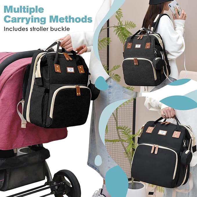 JSTPRO Diaper Bag Backpack, Large Waterproof Lightweight Diaper Bag with Changing Station, Insulated Pockets, USB Port, Travel Bag for Mom and Dad (Black)