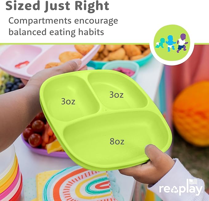 Re-Play Toddler Plates with Dividers - Deep-Walled 3 Compartments Divided Plates for Kids - Dishwasher & Microwave Safe - Made in USA - Set of 3-7.37" x 7.37" x 1.25" - Aqua, Lime, Yellow