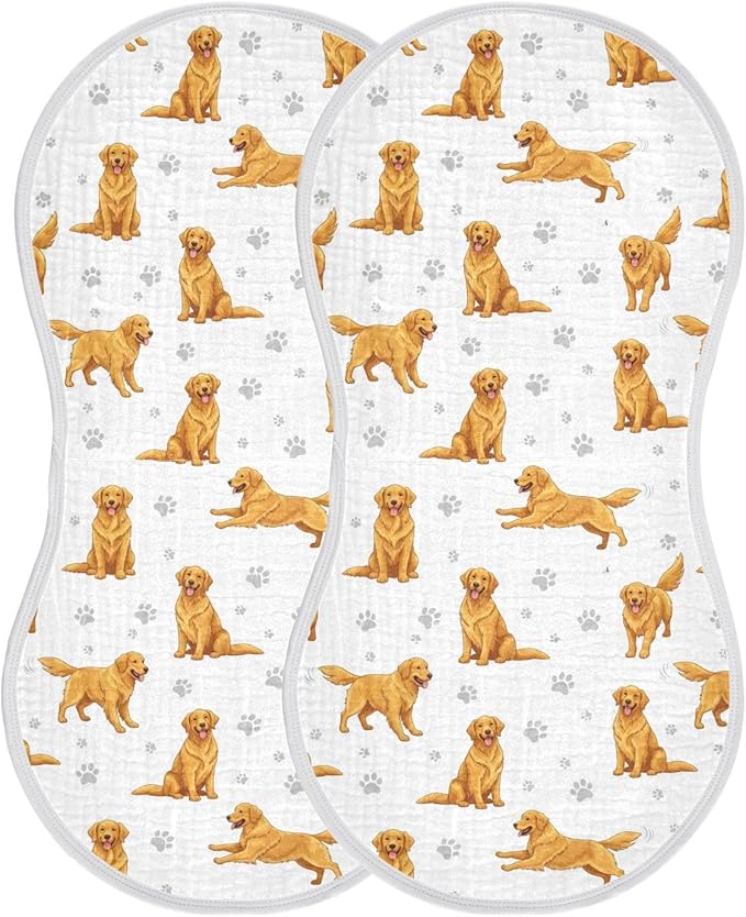 Qinllo 2 Pack Muslin Burp Cloths Golden Dogs Paw Prints White Cotton Baby Burp Cloths Ultra Absorbent and Soft Thick Burping Cloth for Newborn Baby Boys Girls 22x11 Inch