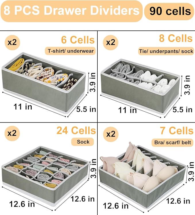 8 Pack Dresser Drawer Organizer Clothes, Foldable Underwear Drawer Organizer Bins, 90 Cells Fabric Closet Cloth Storage Box Drawer Dividers for Socks, Ties, Bras, Baby Clothes, Nursery, Clothing