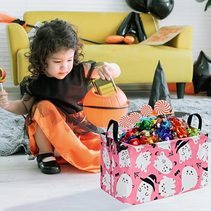 KUNRO Pink Ghost Pattern Storage Basket Gift Shelf Basket Storage Bin, Nursery Basket Organizer Box for With Handles for Room Deco