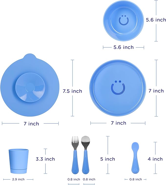 Ubbi Toddler Feeding Set, 7-Piece, Plate, Bowl, Cup + Baby & Toddler Stainless Steel Utensils, Interchangeable Suction Base, BPA-Free Dishwasher Safe, Self-Feeding for Baby-Led Weaning, Polaris Blue