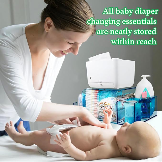 Acrylic Diaper Caddy, Baby Wipes Organizer for Changing Table, Dresser Top Tabletop Organizer with 4 Detachable Compartments, Anti-slip Rubber Feet, Newborn Baby Essentials, Blue