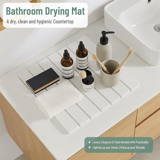 Stone Dish Drying Mat For Kitchen Counter Off-White 16"x12" – Quick Dry & Foldable Diatomaceous Earth Mat for Dish , Bottle , Cup , Tableware & Match Any Countertop.