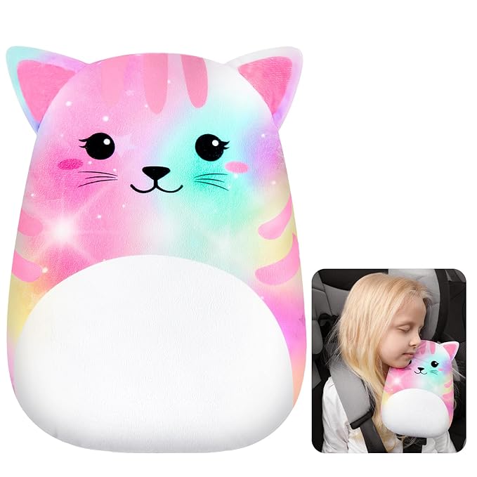 FIODAY Seatbelt Covers for Kids Car Seat Strap Pads Seat Belt Pillow Adjust Seat Belt Covers Seatbelt Cushion for Toddler Baby Boys Girls Travel Head Neck Shoulder Support, Pink Cat