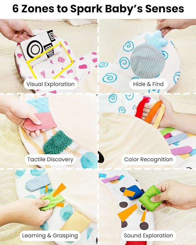 Beavtaens Baby Play Gym, Thickened and Non Slip Activity Mat, 5 Developmental Zones Tummy Time Mat with 5 Detachable Sensory Toys for Motor Skills, Baby Essentials Shower Gift Box(Bear)
