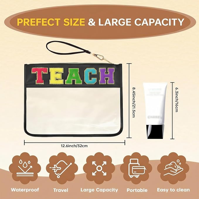 Chenille Letter Clear Zipper Pouch for Travel Preppy Patch Makeup Bag-Nylon Cosmetic Preppy Makeup Waterproof Organizer Bag Set for Women Valentines Bag (Black-Teach)