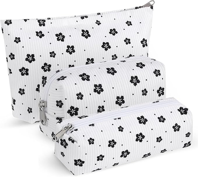 3 Pcs Makeup Bag Set for Women Corduroy Cosmetic Pouch Aesthetic Smile Travel Toiletry Bag Cute Purse Pouch Pencil Case Makeup Brushes Storage Organizer with Zipper(White,Floret)
