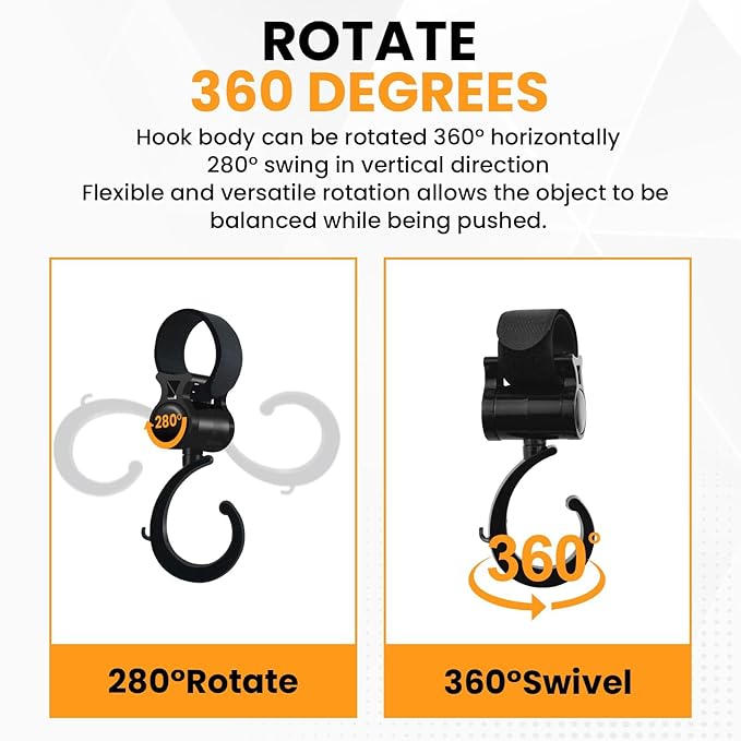 7PCS Stroller Hanging Hooks Kit, 2X 360 Degree Rotating Walker Hook and 5X Pram Buggy Clips for Diaper Bag Pushchair Stroller Purse Groceries