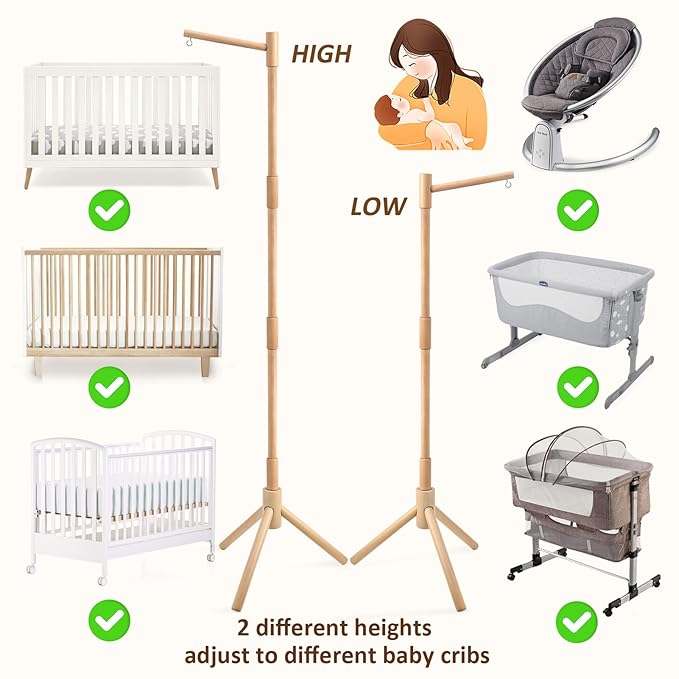 Floor-Standing Crib Mobile Arm - 61.4 Inch Wooden Mobile Arm for Crib - Movable Baby Mobile Hanger with Strong Anti-Dumping Attachment - 100% Beech Wood - Easy Assembly - Nursery Decor