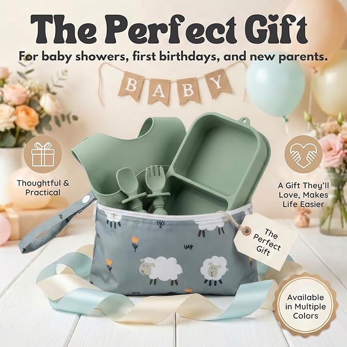 Baby Travel Essentials 6 Pc Silicone Feeding Set - Portable Toddler Plates with Suction, Baby Spoons & Foldable Bib in Carrying Case - BPA-Free Infant & Toddler Utensils for Airplanes & Eating Out