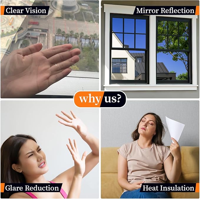 Niviy One Way Window Privacy Film with Installation Tools, Mirror Film Daytime Privacy Heat UV Blocking Glass Tinting for Office 23.6 x 118 Inches, Silver