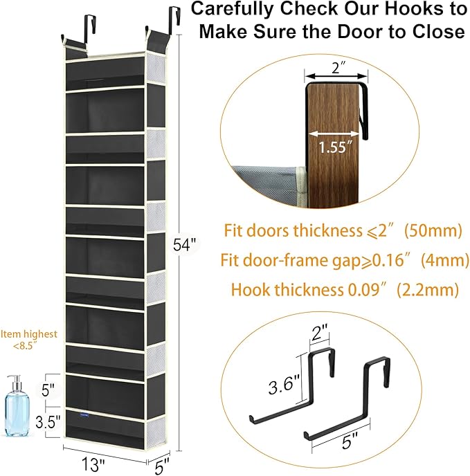 roomtalk Over The Door Hanging Organizer 6-Shelves and 12 Side Pockets, Over The Door Storage Organizer, Back of Door Organizers for Baby Accessories and Children's Toys (13"x5"x54", Black)