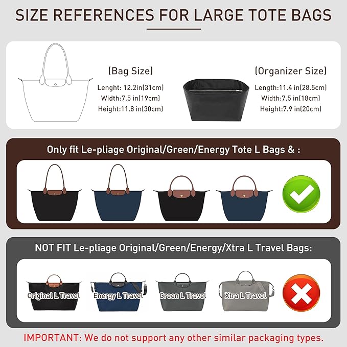 New DupontPaper Purse Organizer Insert Compatible with Longchamp Le Pliage L Tote M Handbag Insert, Lightweight Tote Insert for Long Champ Divier Shaper (Full Black, Large)