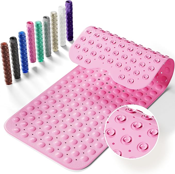Krussier Non-Slip Bath Tub Mat, 39x16 Inch Extra Large Shower Mat with Drain Holes & Suction Cups, Machine Washable, Pink