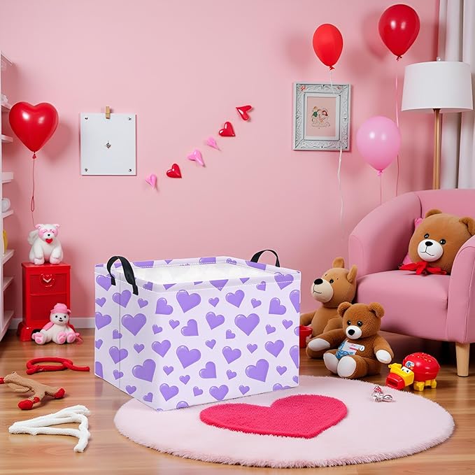 TIBAOLOVER Rectangular Valentines Basket for Women Girls Storage Bin Organizer Box Shelf Room Decor(Purple Heart)