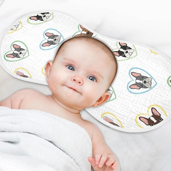 Qinllo 1 Pack Muslin Burp Cloths Bulldog Hearts White Cotton Baby Burp Cloths Ultra Soft Burping Cloth Absorbent Spit Up Rags for Newborn Baby Boys Girls 22x11 Inch