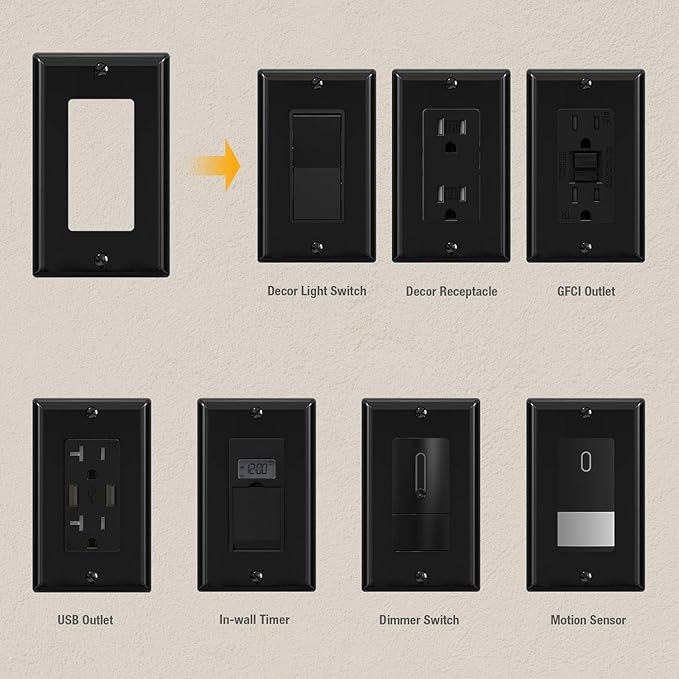 ELEGRP Decorative Receptacle Wall Plate, 1-Gang Standard Size Decorator Covers, Unbreakable Polycarbonate Faceplates for Decorator Device, UL Listed, Screws Included (100 Pack, Glossy Black)