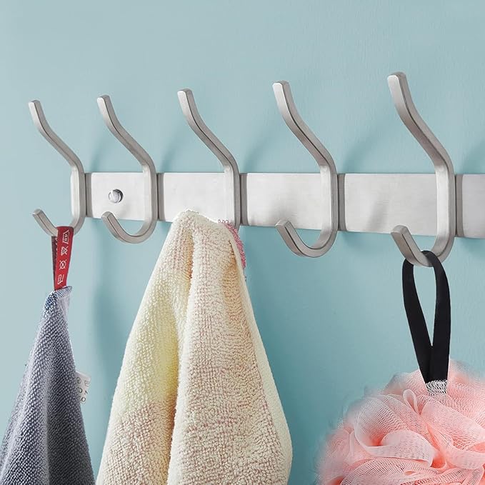 HAMUTH Wall Hooks Heavy Duty, 23 Inch Coat Rack Wall Mount with 8 Hooks, Silver Wall Hooks for Hanging Backpack, Bag, Purse, Clothes, Hat, Coat, Towel | Entryway & Bathroom Storage Organization Hanger
