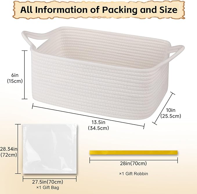 OIAHOMY Woven Basket, Gift Basket Empty with Gift Bags and Ribbons, Rope Baskets for Baby Showers, Storage Baskets with Handles for Nursery, Pet Toy Organizer - White