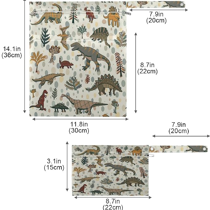 visesunny Vintage Dinosaur Plant 2Pcs Wet Bag with Zippered Pockets Washable Reusable Roomy for Travel,Beach,Pool,Daycare,Stroller,Diapers,Dirty Gym Clothes, Wet Swimsuits, Toiletries