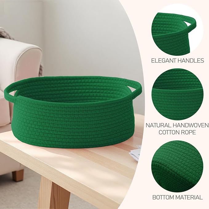 JMvicyroam Woven Basket,Small Rope Storage Bin with Handles & Ribbon Bag, Organizer for Shelves Closets,Gift Basket Empty for Birthday,Books,Dog Toys, Green/3 Pack