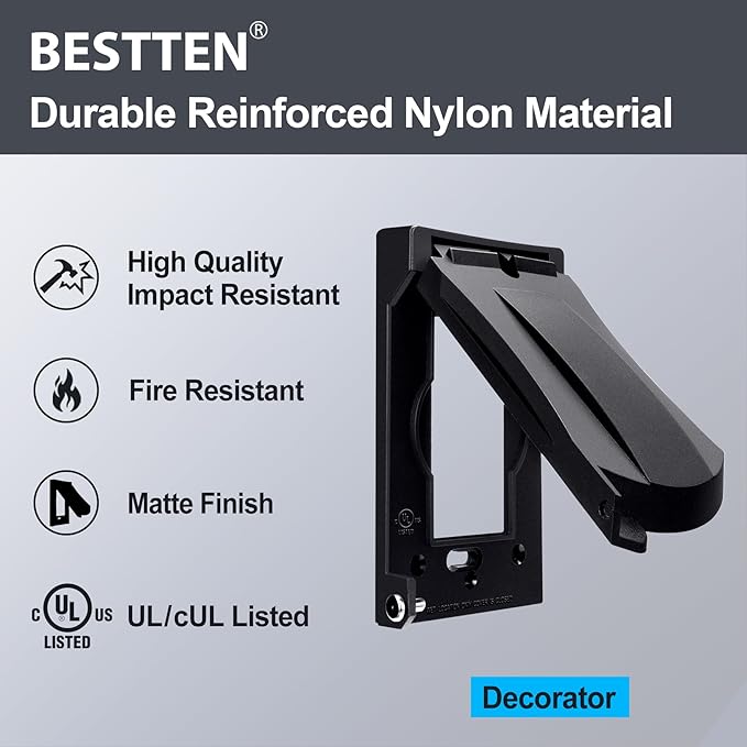 [3 Pack] BESTTEN Outdoor Outlet Cover for GFCI and Decor Receptacle, Weather Proof, Vertical/Horizontal Auto-Closing Lid, UL Listed, Black, H4.65” x W2.87” x D0.71”