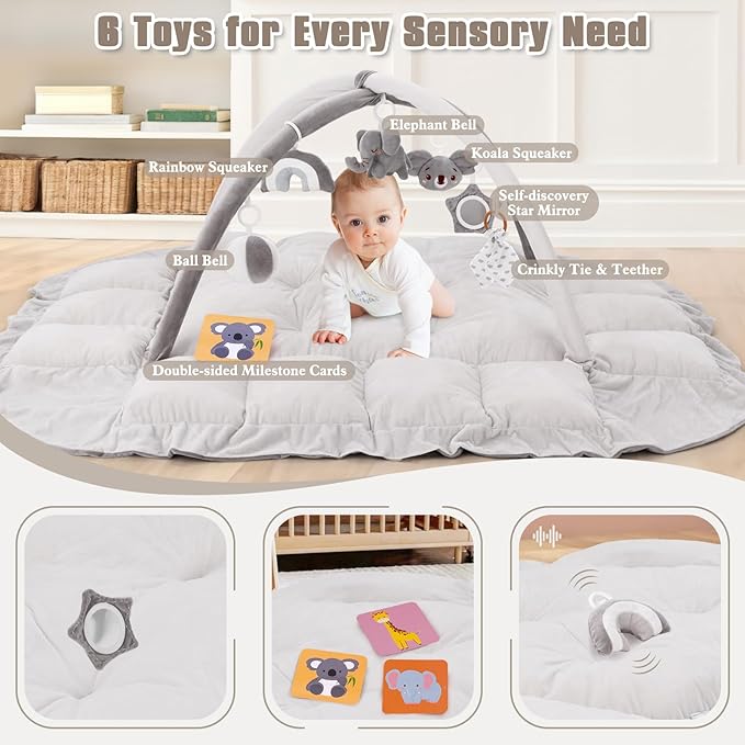 5-in-1 Plush Baby Play Gym, Baby Play Mats, Convertible Baby Gym, Tummy time mat, 6 Sensory Toys, Activity Center, Ball Pit, Grey