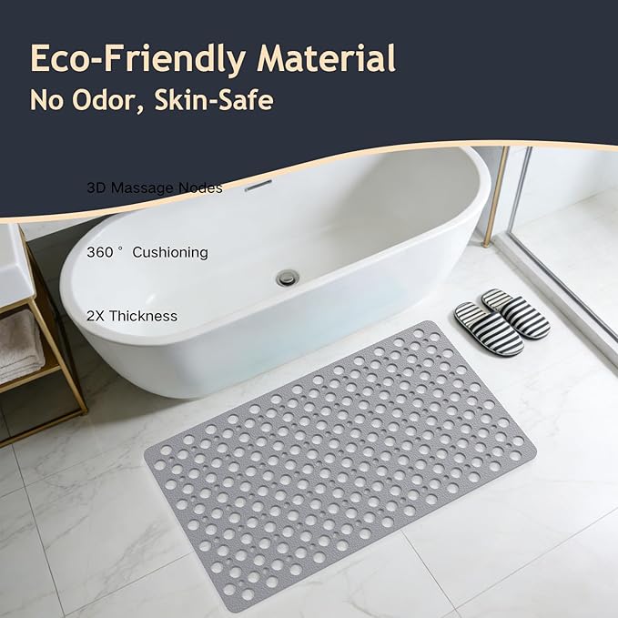 TONBELYCH Non Slip Bath Mat for Shower & Bathtub - 30x17 Inch with Strong Suction Cups and Drain Holes, Quick-Dry, Machine Washable Floor Mat for Elderly, Kids & Pets
