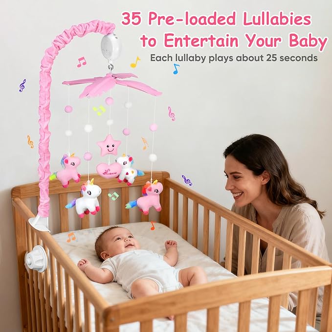 Baby Crib Mobile with Rotating Music Box and 28” Mobile Arm, Unicorm Crib Mobile for Baby Girls with 6 Plush Toys 35 Lullabies, Musical Nursery Mobile, Pink Nursery Decor, Crib Toys for Infant Baby